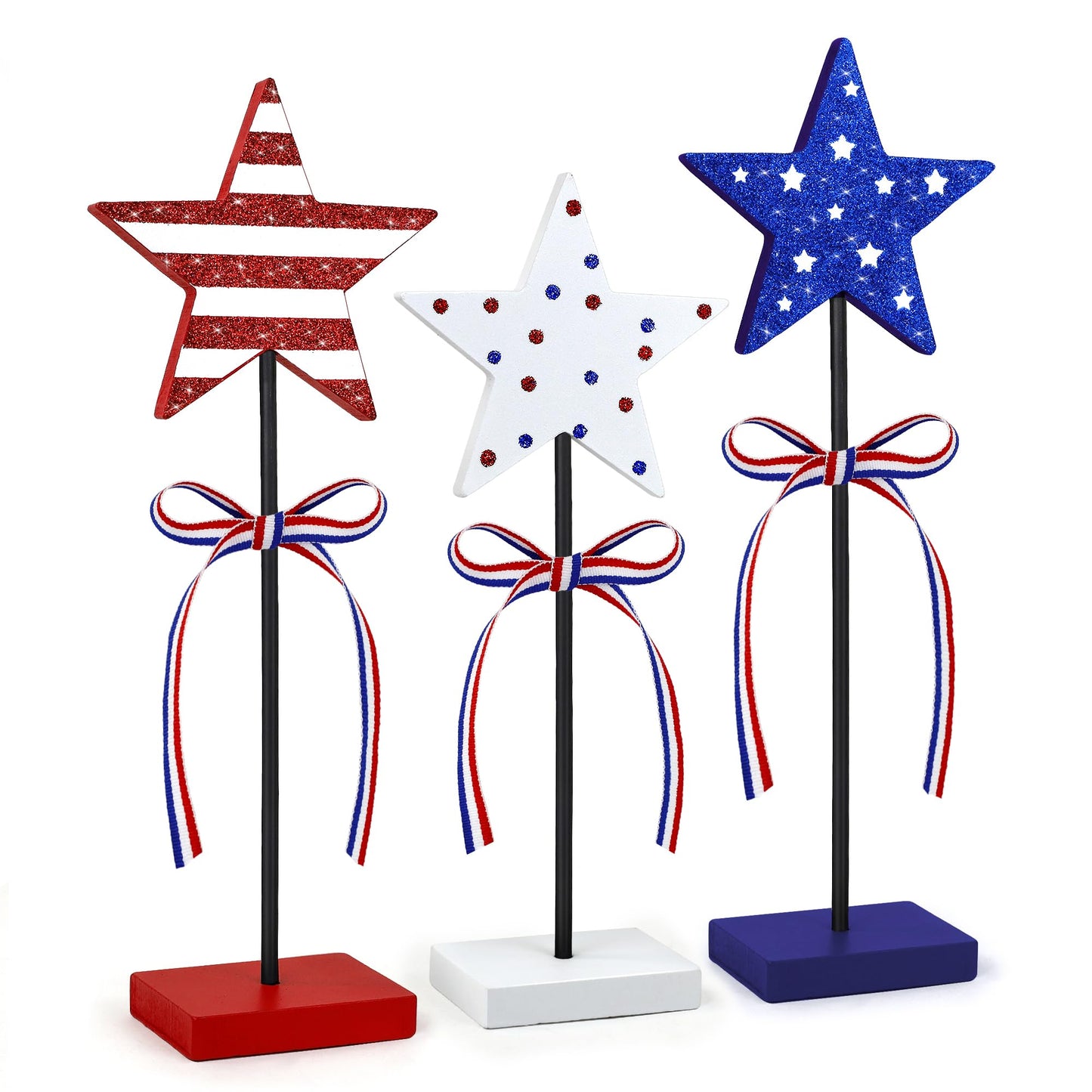 3 Pcs 4th of July Table Decoration Wooden Sign, Glitter Red White Blue Star Patriotic Table Centerpiece Fourth of July Tabletop Decorations Memorial Day Tiered Tray Decor for Home Office
