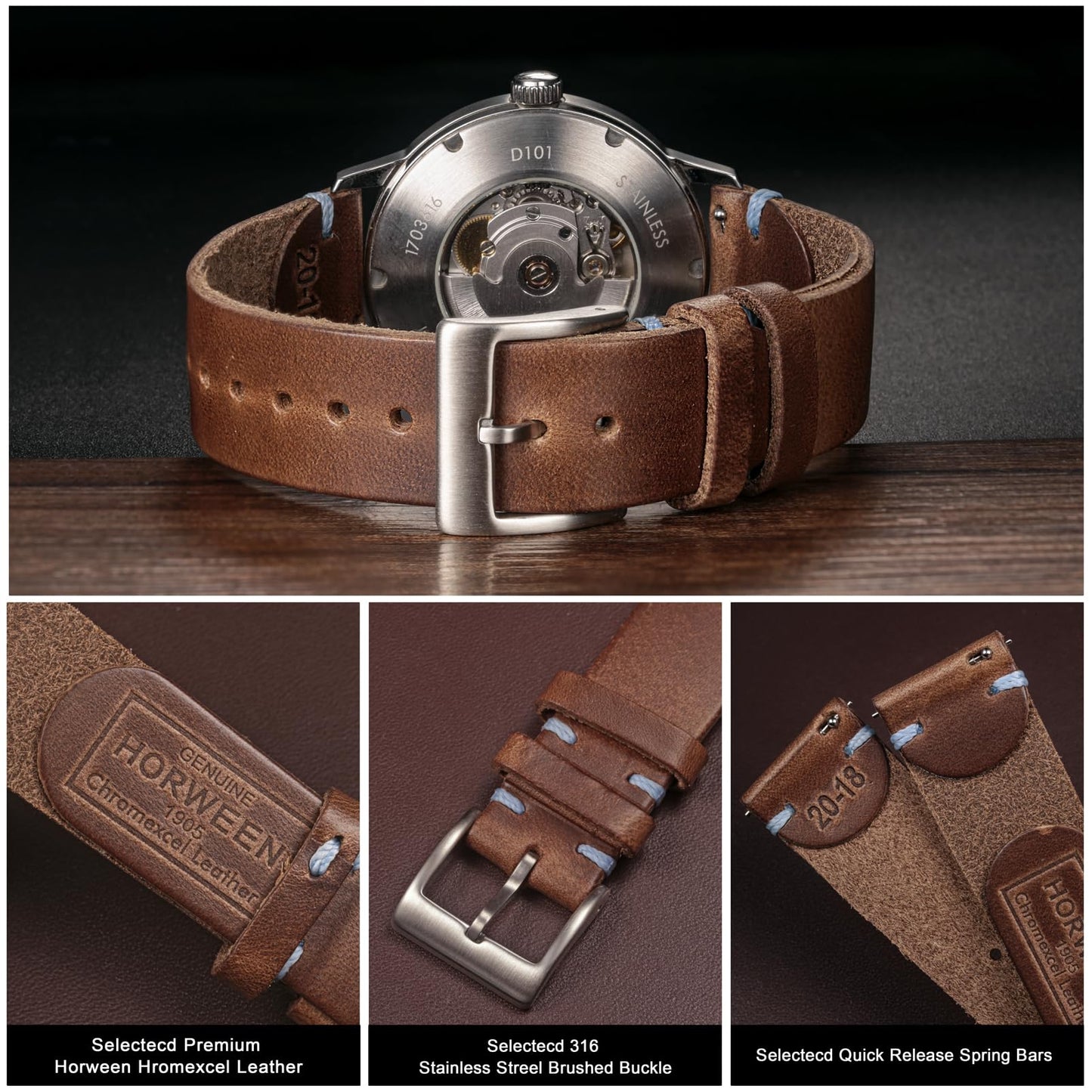 hemsut h 20mm Leather Watch Bands for Men, Thin Soft Horween Leather Watch Strap Quick Release Vintage Watch Wrap