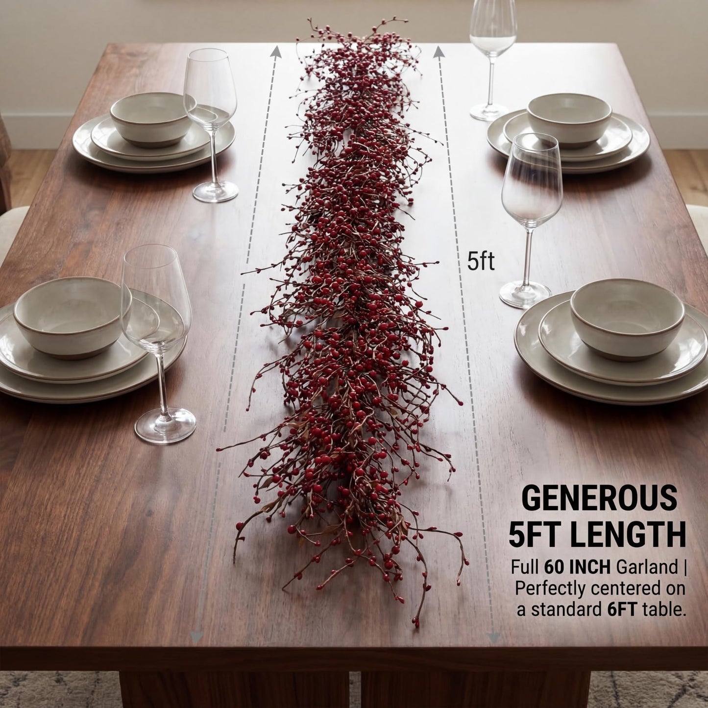 Quixem 60 Inch (5FT) Rustic Red Pip Berry Garland for Fireplace Mantel & Table Runner, Flexible Wired Artificial Vine, Christmas & Americana Farmhouse Décor Everyday Décor