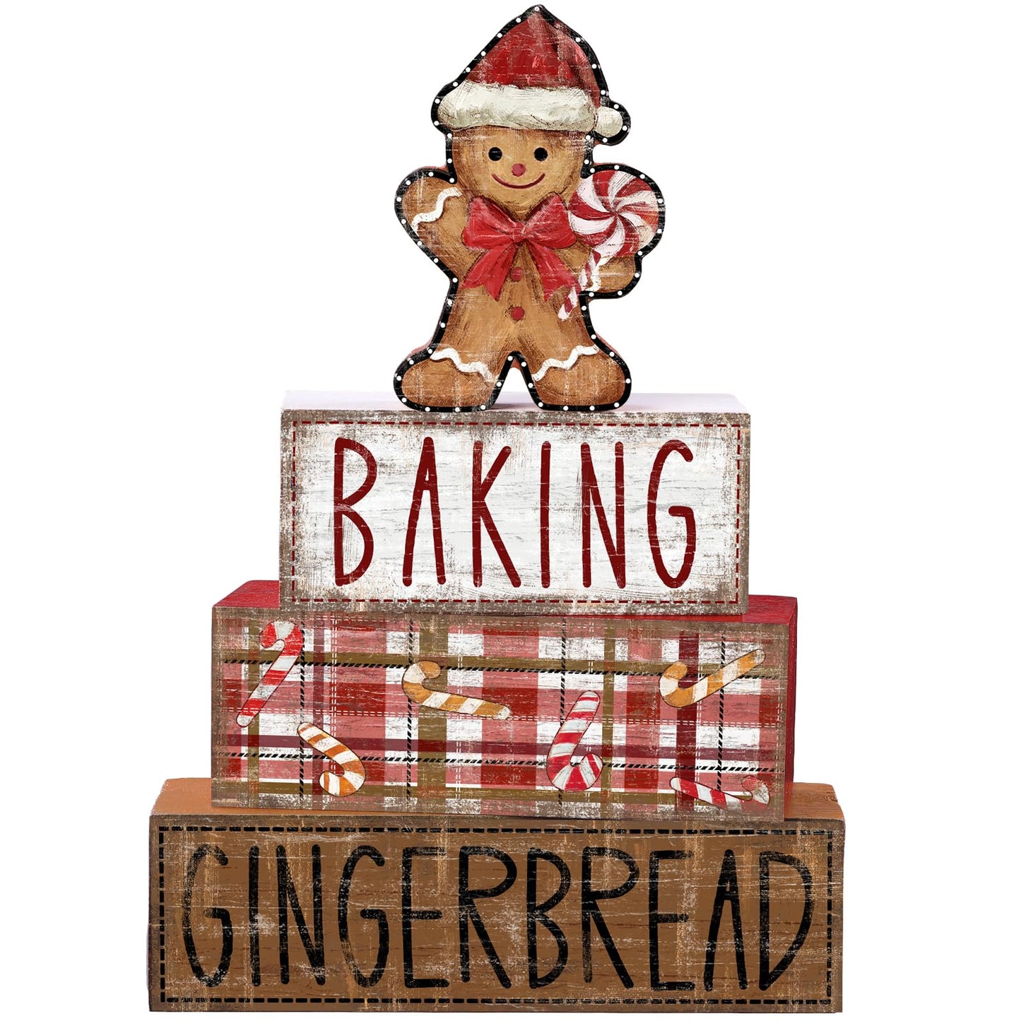 DIYDEC 4Pcs Christmas Table Decoration Gingerbread Man Wooden Block Sign Christmas Tiered Tray Decor Centerpiece Decorative Sign for Xmas Holiday Tabletop Coffee Fireplace Shelf Desk Party Decor