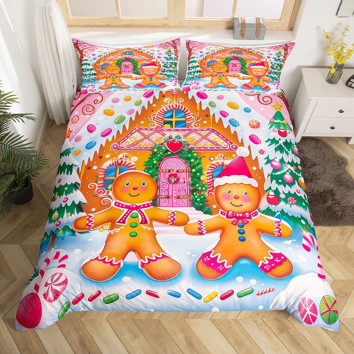 Feelyou Kids Pink Merry Christmas Bedding Set Full Size Xmas Gingerbread Man Comforter Cover Set for Boys Girls Candy Cane House Winter Duvet Cover Happy New Year Bedspread Cover (No Comforter)