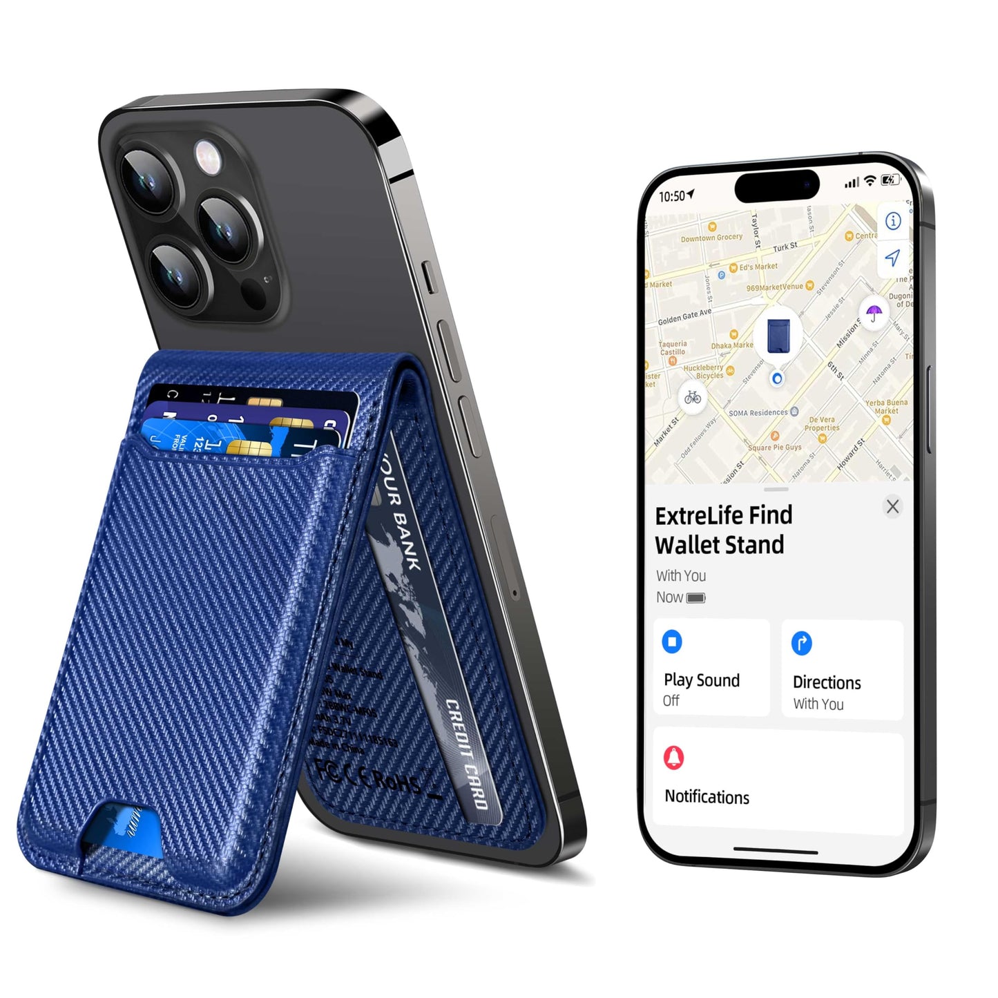 ExtreLife for Magsafe Wallet, Works with Apple Find My, Strongest Magnetic Wallet for iPhone 17/16/15/14/13/12 Series, WalletTracker with Adjustable Stand, 6 Card Holder, Bright Blue