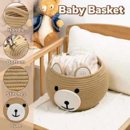 CherryNow Cotton Rope Baby Basket for Nursery, Bear Gift Baskets for Kids, Empty Baby Shower Basket with Handles, Small Cute Animal Baskets, Brown, 10.5"D x 8.5"H