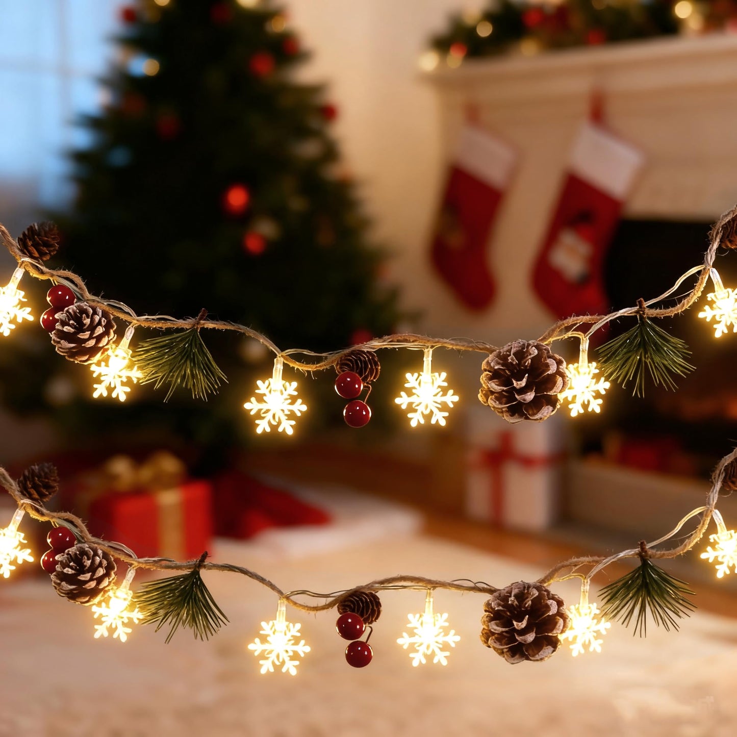 HiPiiy Christmas Garland with Snowflake Lights，9.8 Ft, Dual USB & Battery Powered, Pinecones & Red Berries, Perfect for Christmas, Wedding Parties, Fireplaces, Bedrooms, Indoor Outdoor Office Decor.