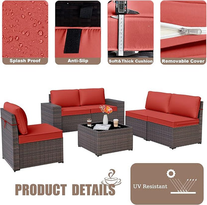 Kurapika 6 Pieces Patio Furniture Set, Rattan Wicker Outdoor Conversation Sets w/4 Inch Cushion and Glass Coffee Table(Red)