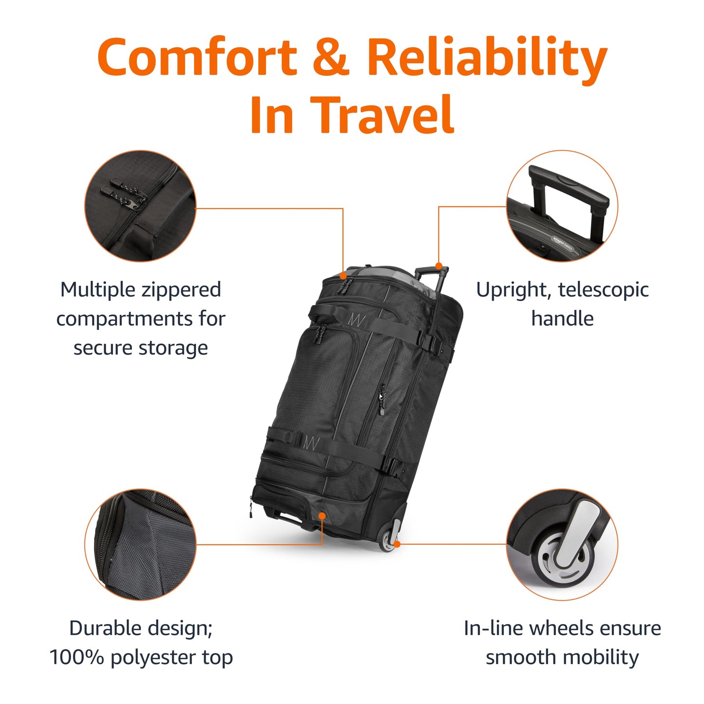 Amazon Basics 35-inch Large Rolling Duffel Bag with Wheels and Handle, Travel Duffle with Durable Ripstop Polyester Material, 2 Layers of Storage Space, Multiple Interior and Exterior Pockets, Black