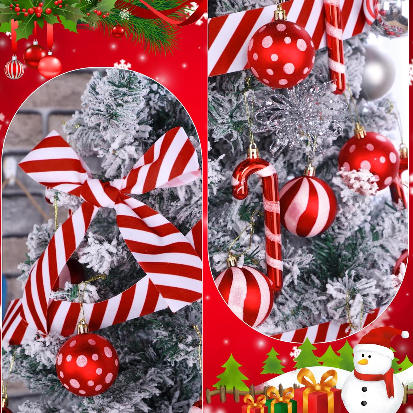 Shappy 38 Pcs Christmas Tree Ornaments Sets, Candy Cane Red White Stripes Xmas Tree Hanging Decorations, Plastic Xmas Ball Variety Shapes with Ribbon New Year Holiday Party Supplies(Cute,39.4'')