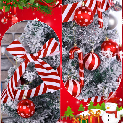 Shappy 38 Pcs Christmas Tree Ornaments Sets, Candy Cane Red White Stripes Xmas Tree Hanging Decorations, Plastic Xmas Ball Variety Shapes with Ribbon New Year Holiday Party Supplies(Cute,47.2'')