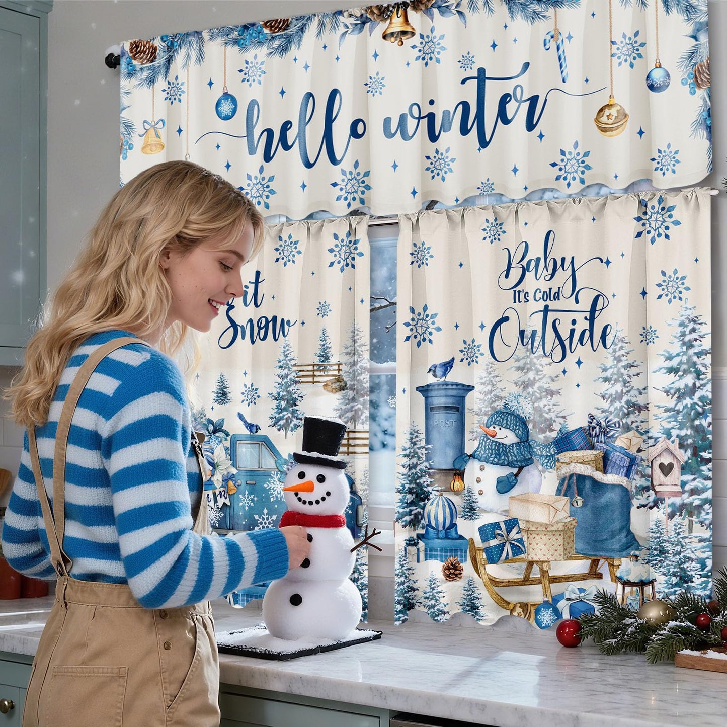 Breling 3 Pcs Winter Snowflake Kitchen Curtains Valances and Tiers Set for Windows Winter Snowman Gnome Gifts Pine Tree Decor Short Curtain Set for Bedroom Window Treatment Decor Party Supplies