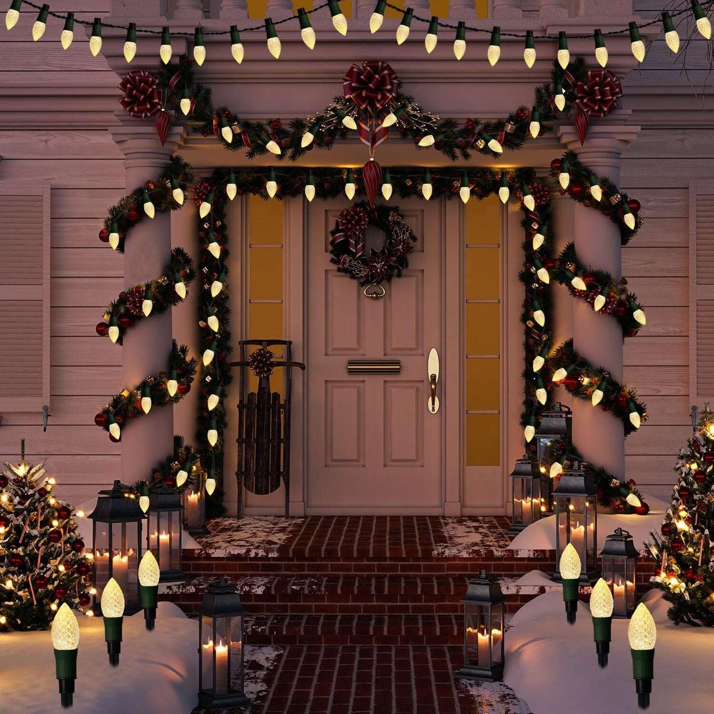 Huacenmy Solar Christmas Pathway Lights Outdoor, 20 LED C9 With 20 Stakes, 23FT Decorations Strawberry String for Roof Yard Patio Walkway Driveway, Warm White