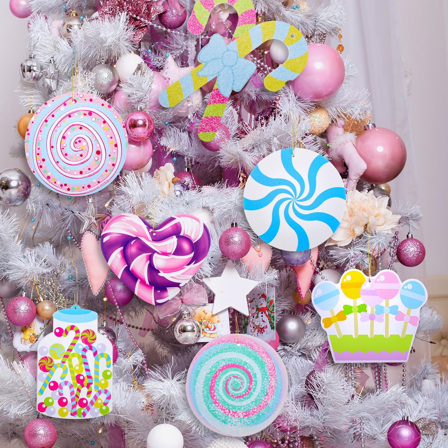 Chunful 25 Pcs Large Pastel Christmas Candy Cane Ornaments Christmas Tree Hanging Decorations Double-Sided Candy Peppermint Lollipop Marshmallow Ornaments for Tree Home Indoor Porch Wall Ceiling