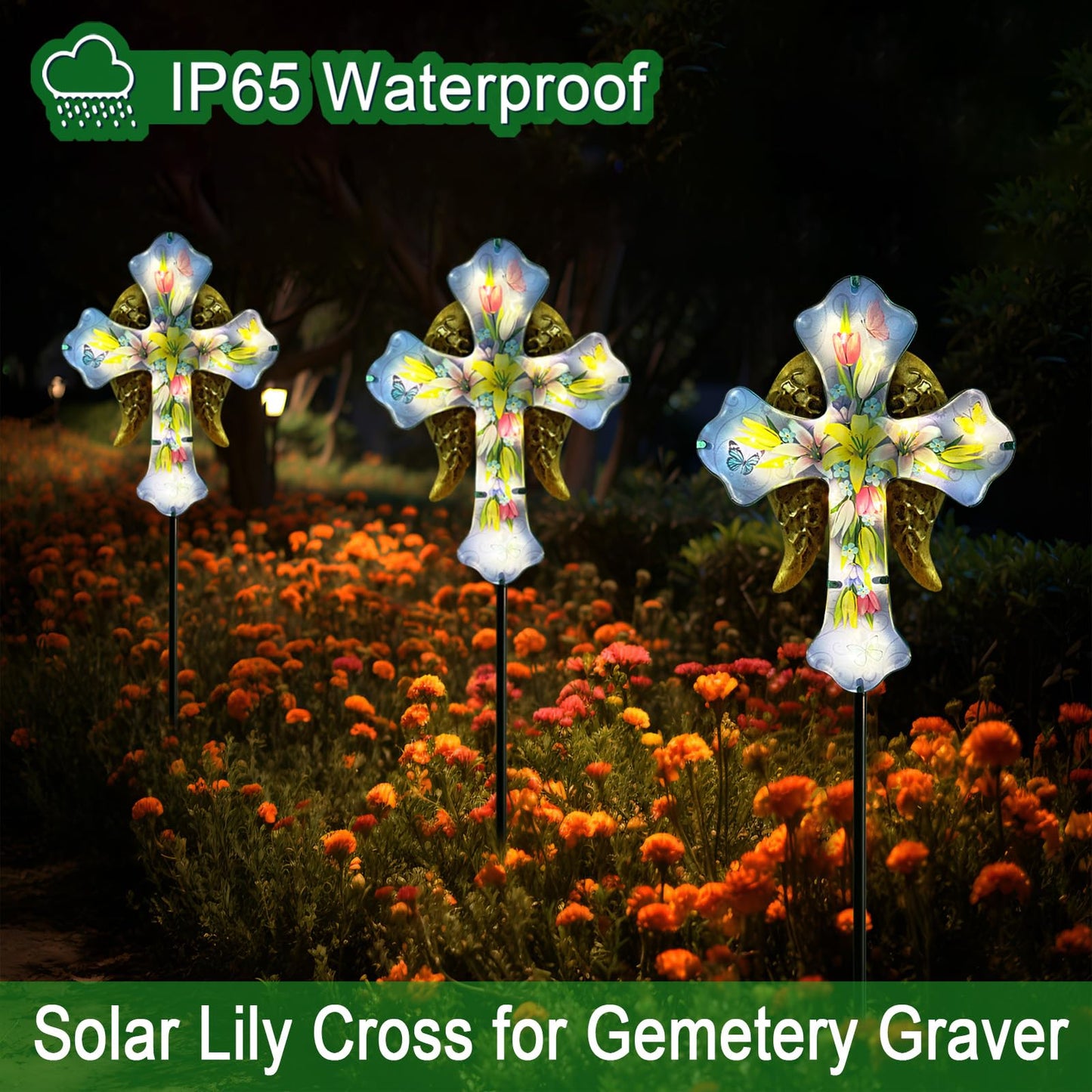 Solar Cross Garden Stakes for Graves,Lily Cemetery Decorations Yard Patio Decor,Golden Angel Wings Cross Lights Outdoor,Remembrance Gifts