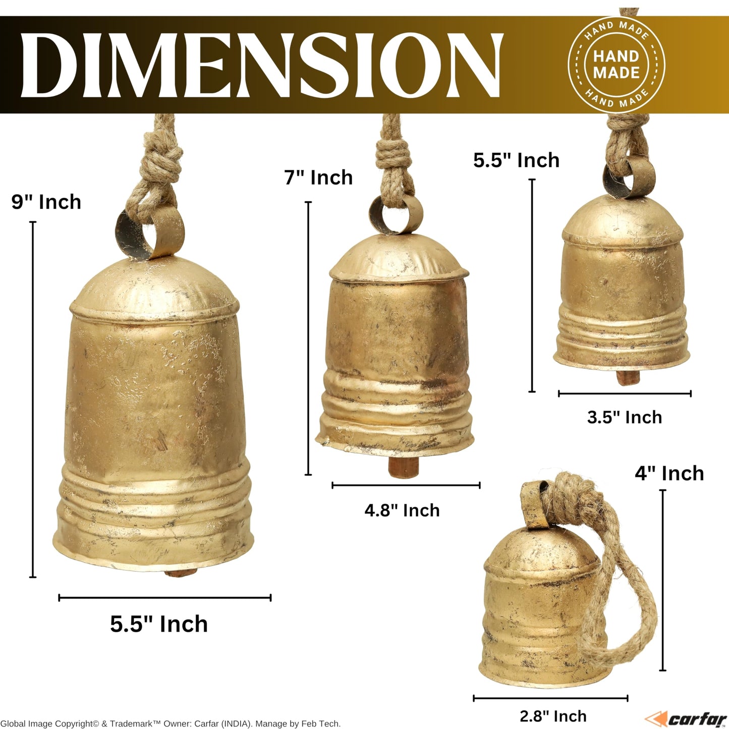 Set of 4 Rustic Metal Christmas Bells Large Hanging Brass-Gold Cowbells with Jute Rope | Farmhouse Wall, Porch & Holiday Decor