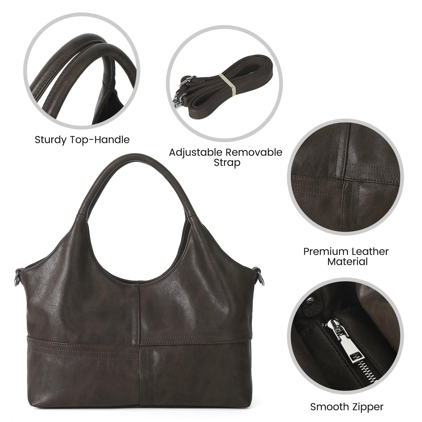 KOGTLA Vegan Leather Purses for Women with Detachable Satchel Strap, Ladies Handbags, Tote Hobo Bags with Top Handle Dark Coffee