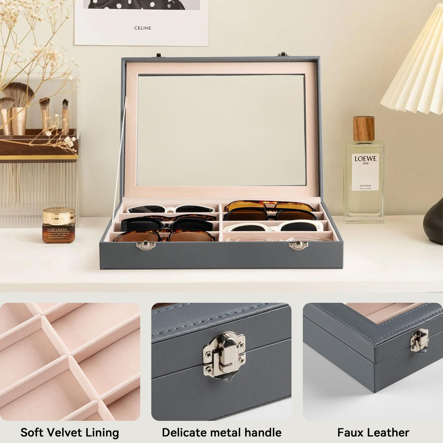 Frebeauty Sunglass Organizer,PU Leather Glasses Organizer,8-Slot Sunglasses Tray with Clear Lid,Men's/Women's Sunglasses Box,Sunglass Case,13.3x9.65x2.48 Inches,Eyeglass/Eyewear Display Tray(Grey)