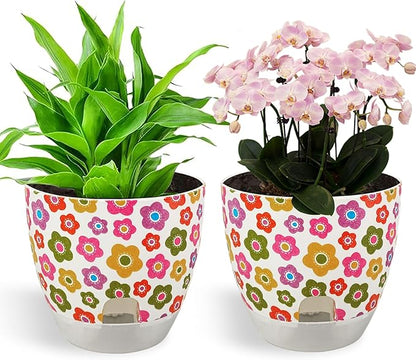 Print Flowerpots Round Plant Pots - 2 Pack Outdoor Garden Planter Plastic Indoor Modern Decorative Succulent Houseplant Pot with Drainage 5FP-COLFLW