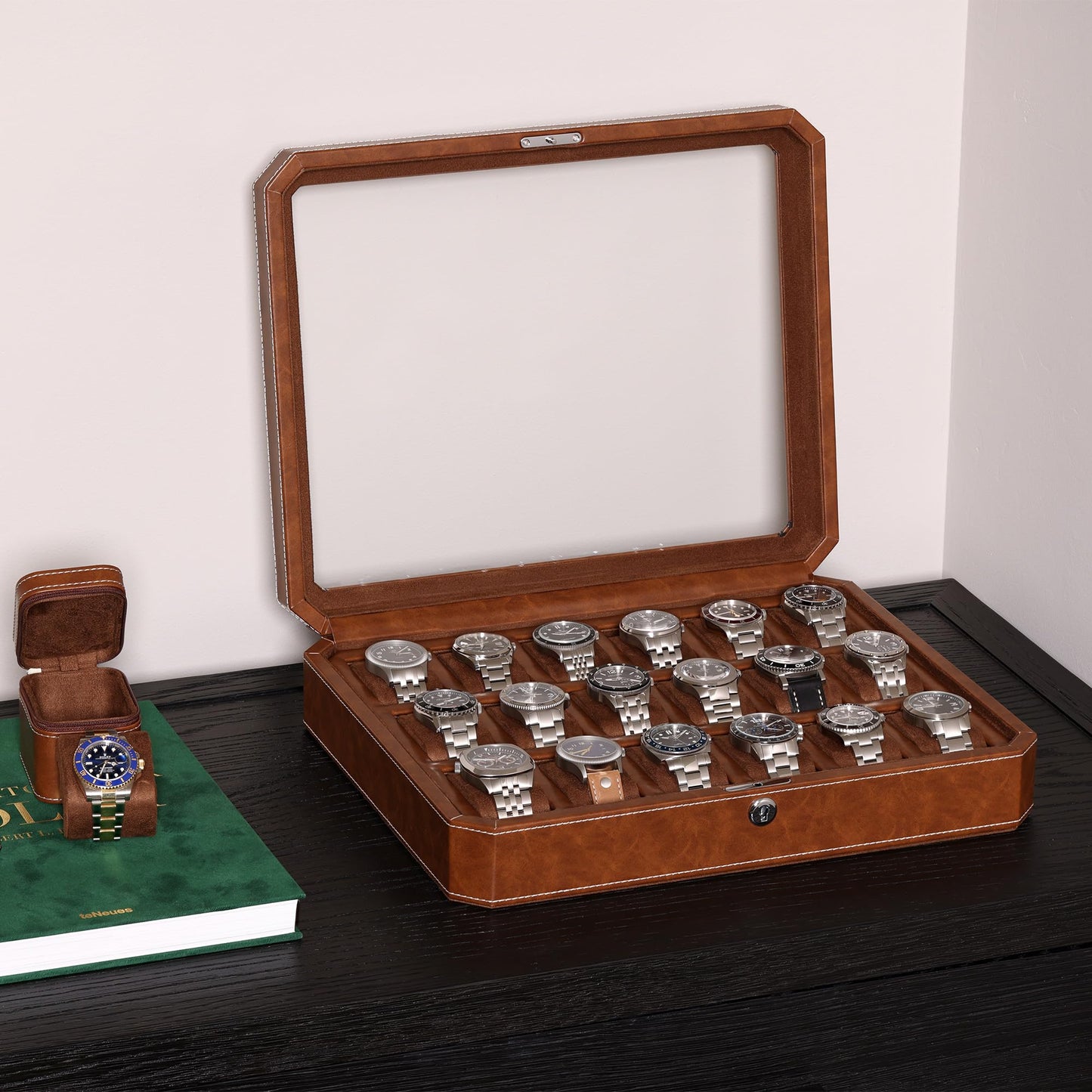 ROTHWELL 18-Slot Watch Case – Luxury Watch Box for Men, Real Glass Top, Lockable, Elegant Display for Collections (Tan/Brown)