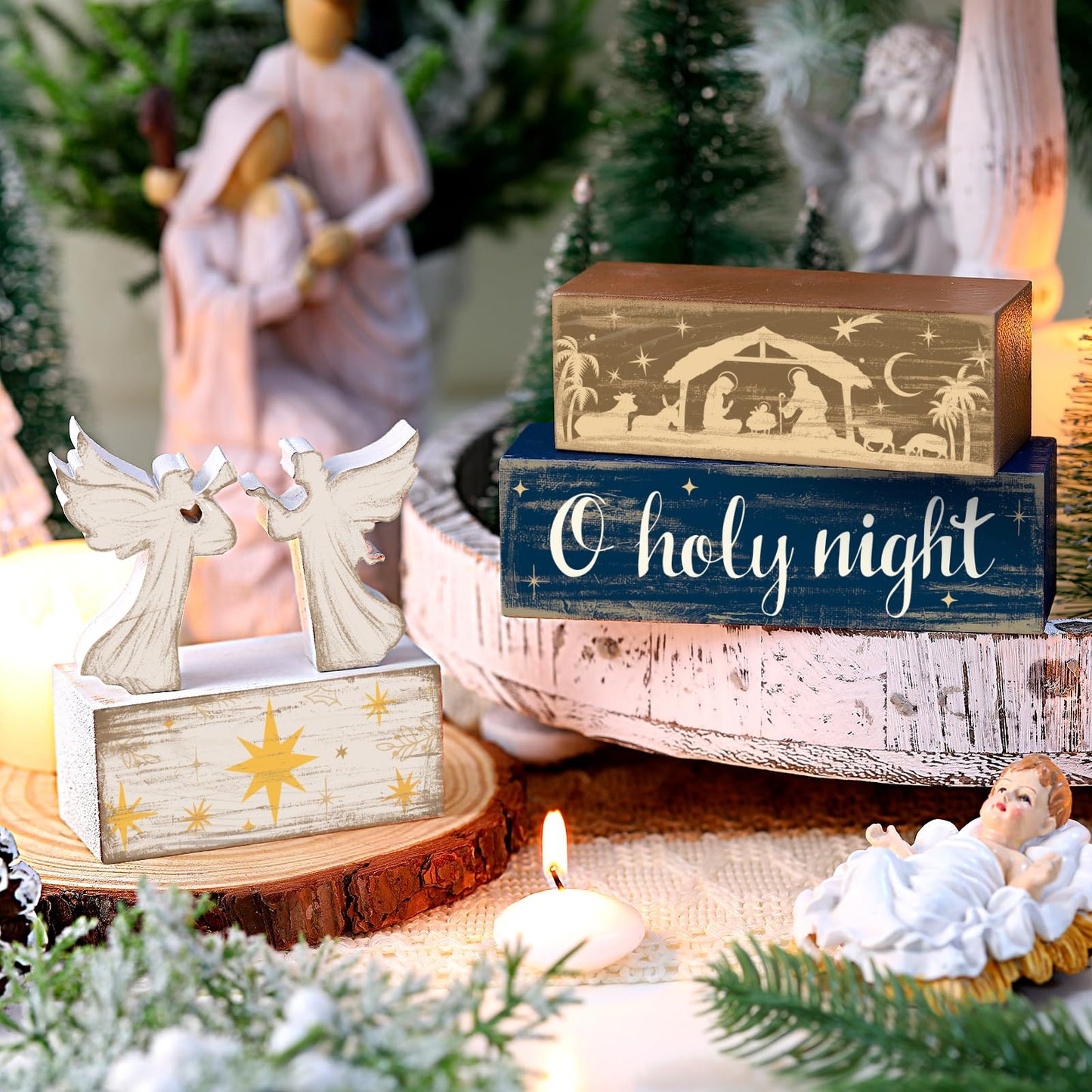 Moucuny 4 Pcs Christmas Angel Table Decor Christmas Wooden Decorative Signage Nativity Scene Tiered Tray Decor Xmas Centerpieces Farmhouse Wooden Block Set Xmas Table Sign for Home