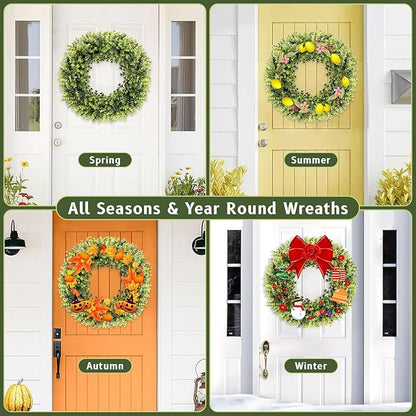 Spring Summer Boxwoods Green Wreath for Front Door Decor, 18-20Inch Greenery Artificial All Seasons Wreaths for Wall Window Porch Home Farmhouse Outdoor Outside Indoor Hanging Decorations
