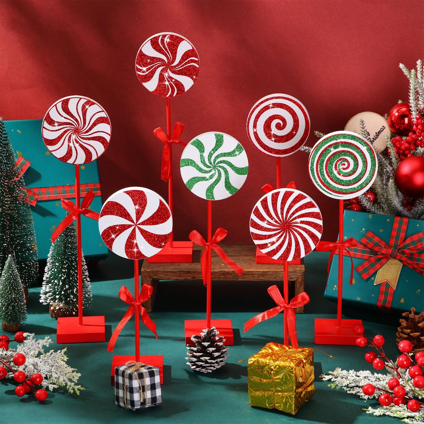 Amyhill 8 Pcs Christmas Candy Wooden Tabletop Decor Glitter Xmas Candy Cane Table Centerpiece Sign for Christmas Tiered Tray Home Desk Office Party Decoration(Cute,Red,Green)