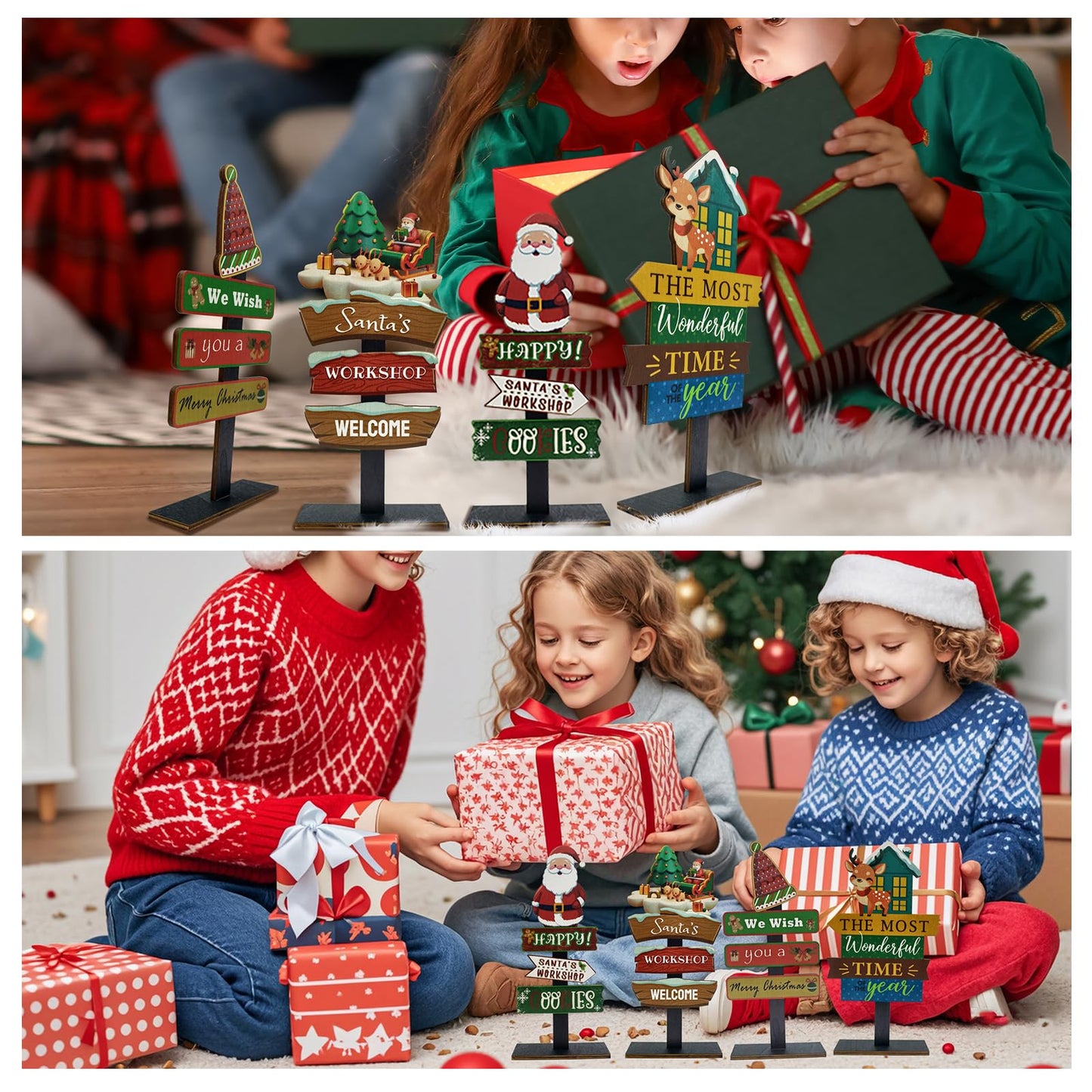 YvSuZeBuDa Christmas Table Decorations, 4 Piece Wooden Rectangular Sign Boards, Rustic Farmhouse Style, Polychrome, 8.86 x 4.72 Inches, Wall Mount with Twine, Cozy Theme (Santa hat)