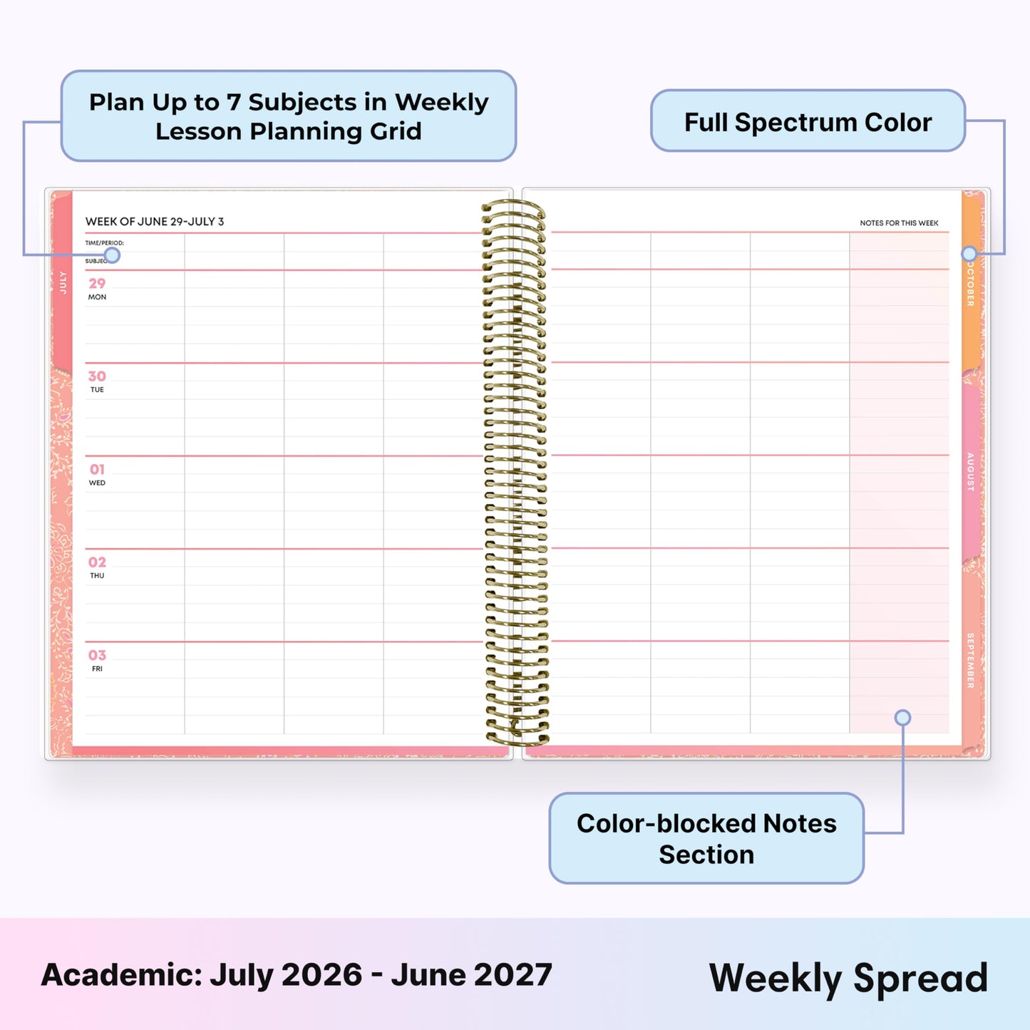 Blue Sky Teachwell 2026-2027 Weekly and Monthly Academic Year Teacher Lesson Planner Calendar, July 2026 - June 2027, 8.5" x 11", Flexible Cover, Heavy Duty Coil Binding, Colorful Interior, Laminated Tabs, Storage Pocket, Includes Stickers, Meilani