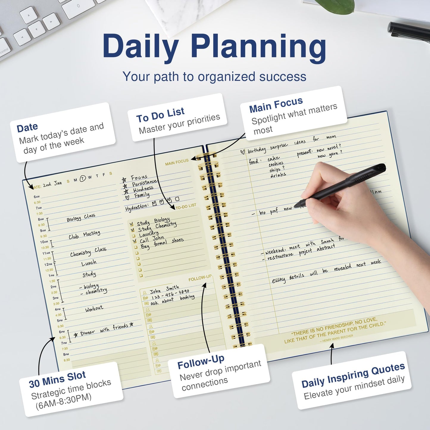 AuroPlanner Undated Daily Planner To Do List Hourly Schedule 2027 2026 2025 Calendar & Holiday Habit Tracker 180 Pages Letter Size 8.5" x 11" Sheets Hardcover Spiral Bound Notebook (Navy Blue)