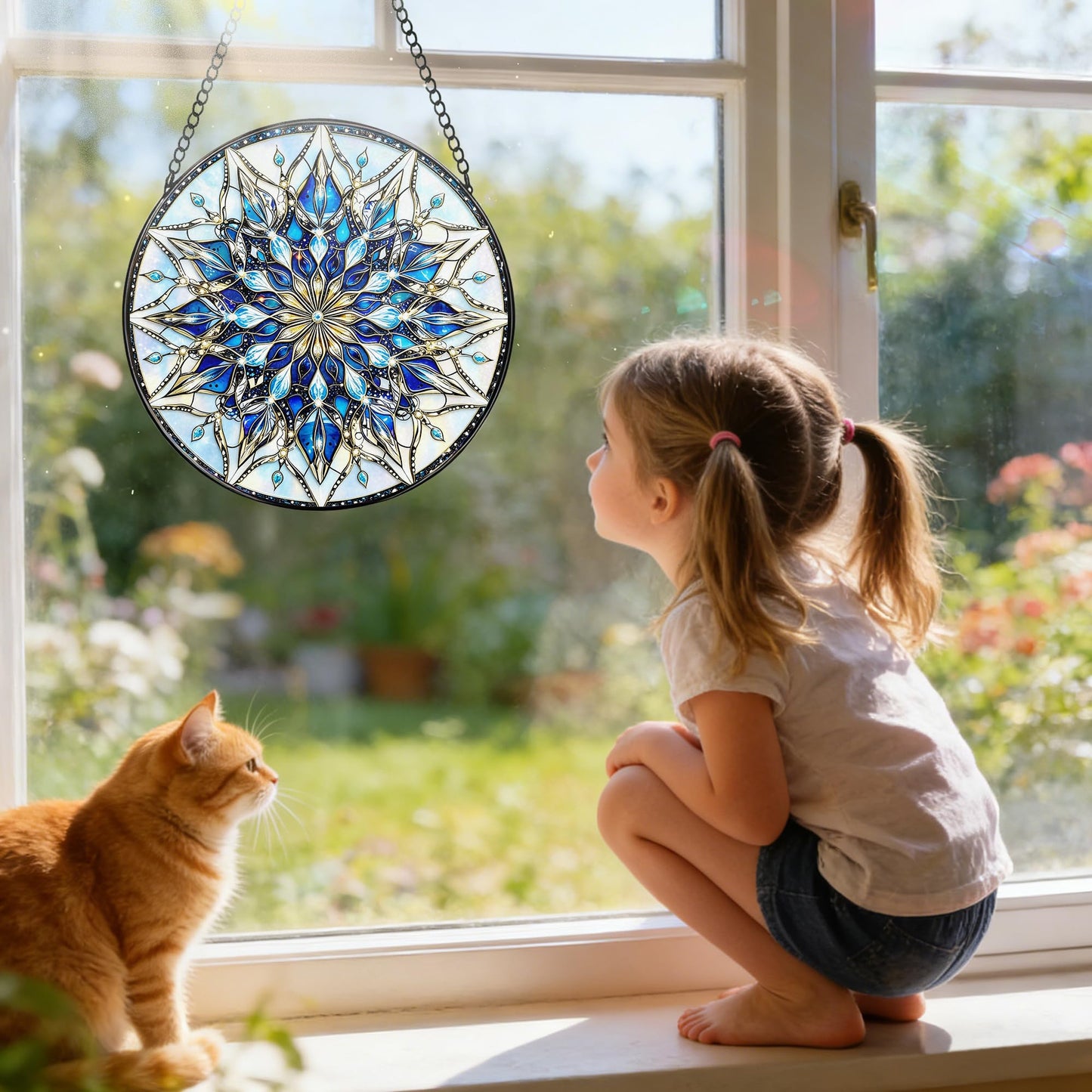 Stained Glass Window Hanging, 7.8 Inch Mandala Snowflake Christmas Suncatcher, Holiday Window Hanging Decor, Stained Glass Ornaments for Windows, Doors & Home Decor, Gifts for Christmas