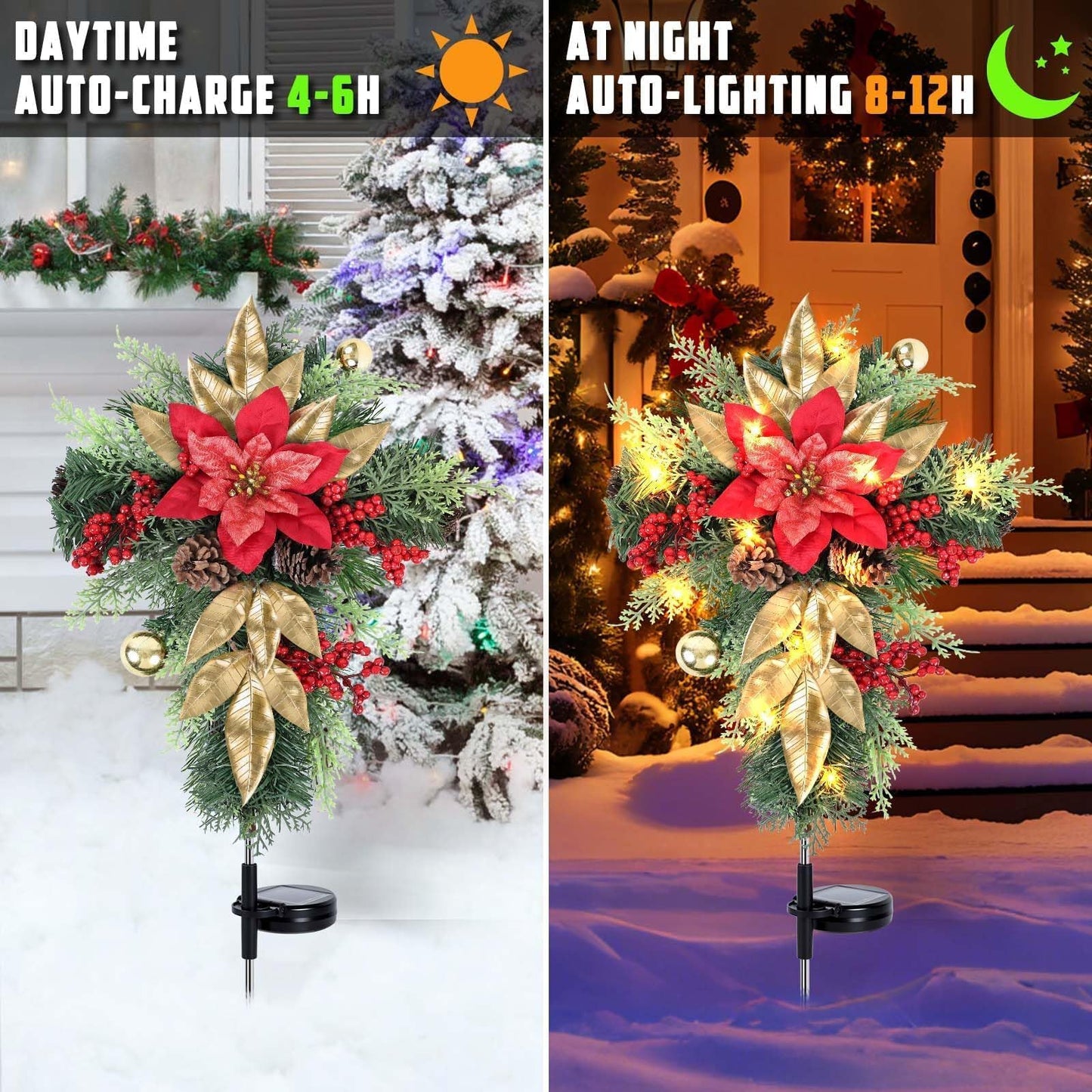 2 Pack 36" Solar Christmas Decorations Outdoor Christmas Cross Stake Lights Waterproof Cemetery Grave Decoration Faux Poinsettia Pine Cones Berries Ornament Stakes for Garden Yard Patio Lawn Cemetery