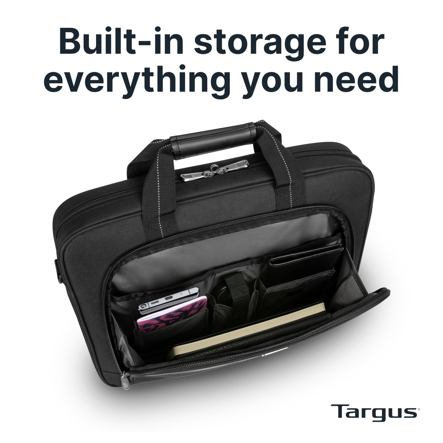 Targus 15-16 Inch Slim Lightweight Laptop Briefcase, Black - Messenger and Shoulder Bag with Padded Compartment and Trolley Strap for 16" Laptops (TCT027US)