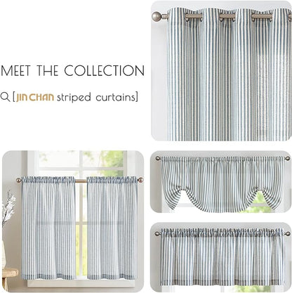 jinchan Tab Top Linen Kitchen Curtains 36 Inches Striped Tier Curtains Farmhouse Modern Cafe Style Small Window Treatments Airy Light Filtering Rod Pocket for Living Room Bathroom 2 Panels Blue