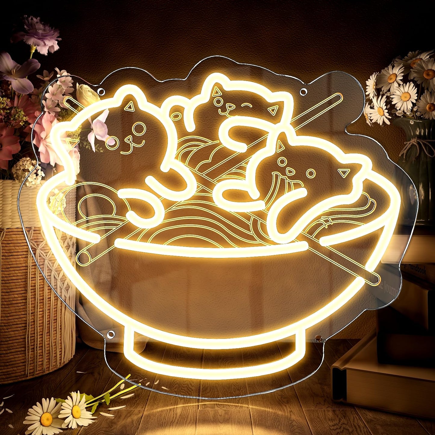Ramen Neon Sign, Warm White Cat Noodles Led Sign for Baby Girls Room, Dimmable Noodle Cat Light Up Neon Signs for Wall Decor, Restaurant, Home, Bar, Kitchen, Dining, Bedroom, Art Decor