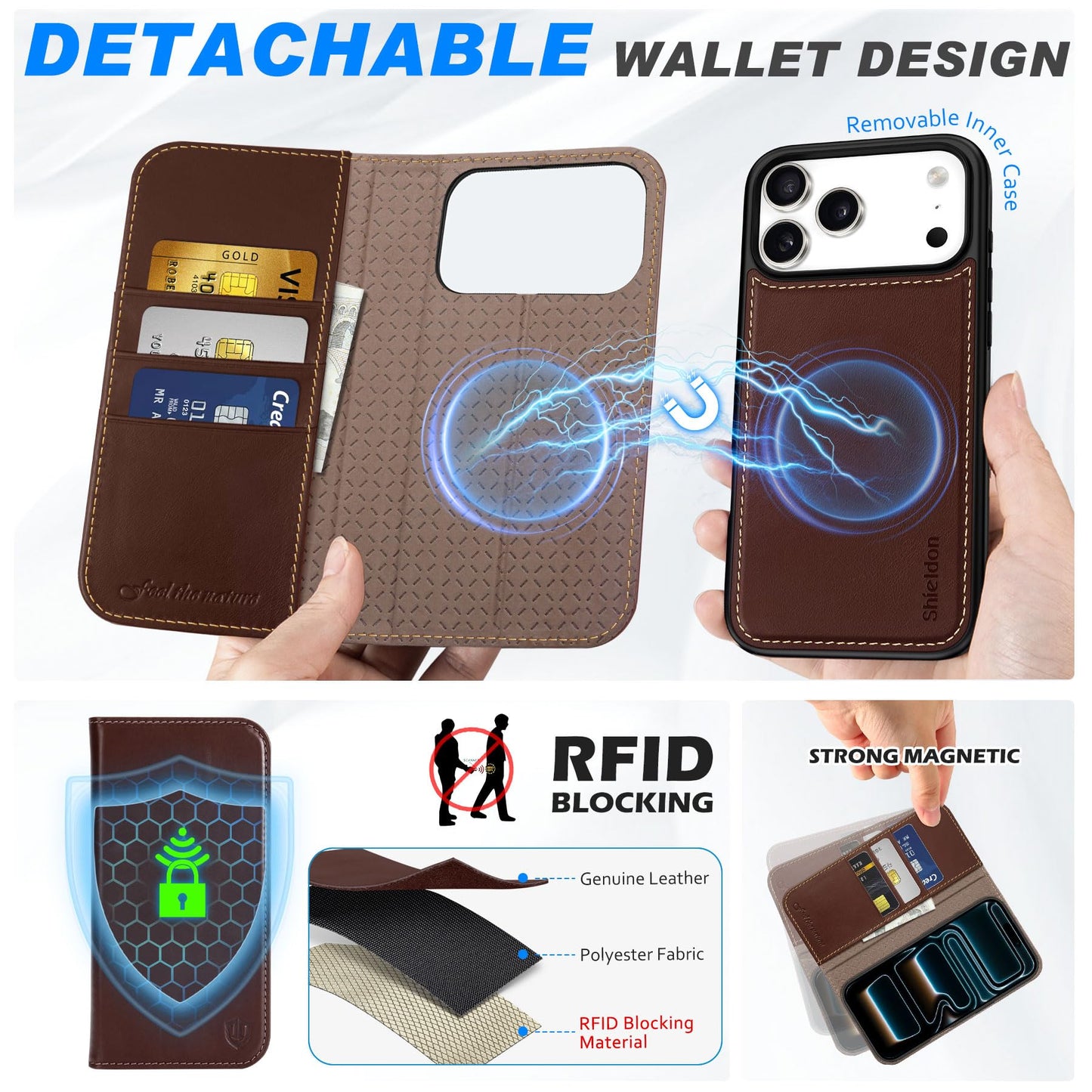 SHIELDON Detachable Leather Wallet Case for iPhone 17 Pro Max 6.9" 2025 | Wireless Charging, Removable Flip Magnetic Cover, RFID Blocking Credit Card Holder, Kickstand, Full Protection - Retro Coffee