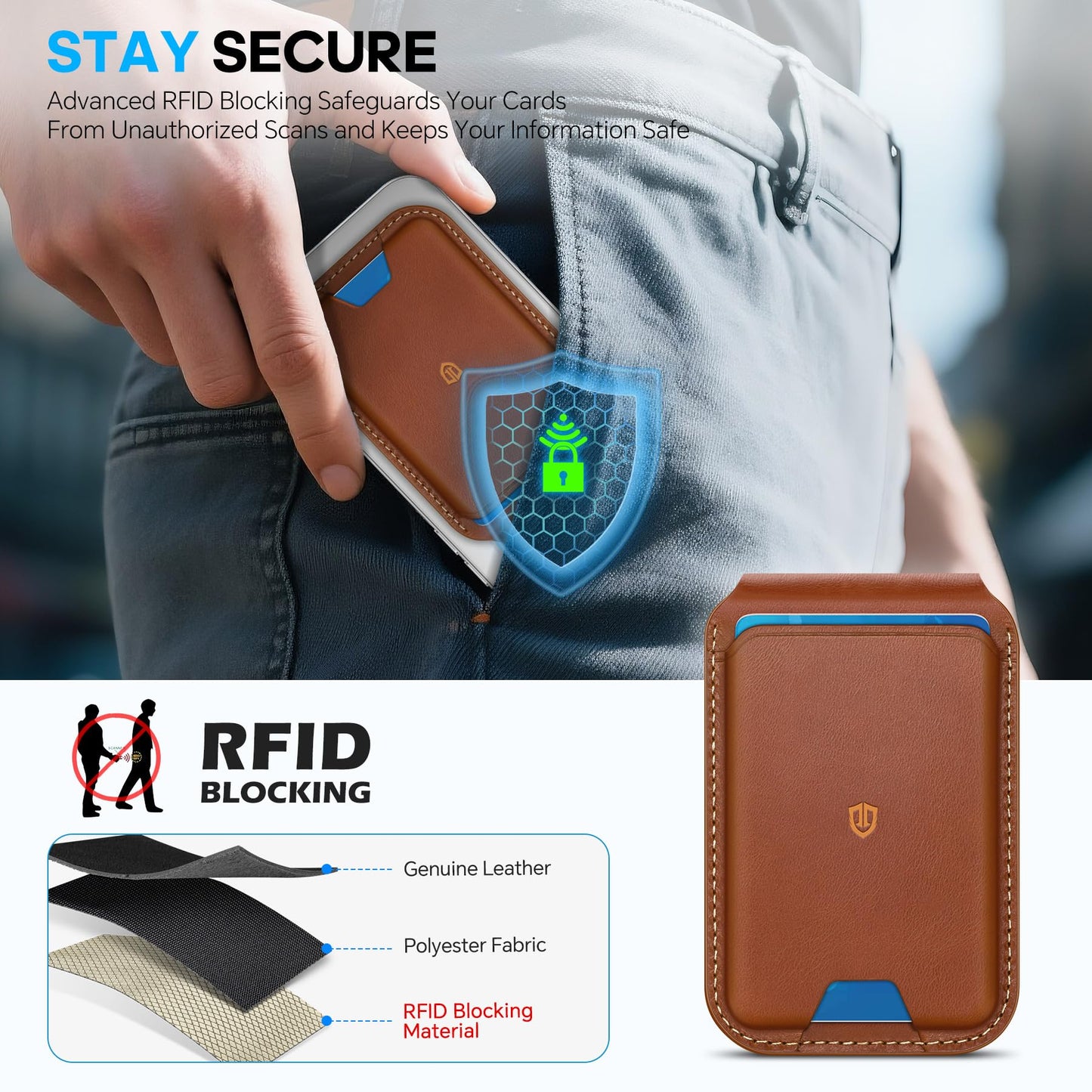 SHIELDON Genuine Leather Card Holder for Phone, Strong Magnetic Wallet for MagSafe with Adjustable Stand, RFID Blocking Mag Wallet for iPhone 17/17e/16/15/14/13/12/Pro/Max/Air/Plus Men & Women - Brown