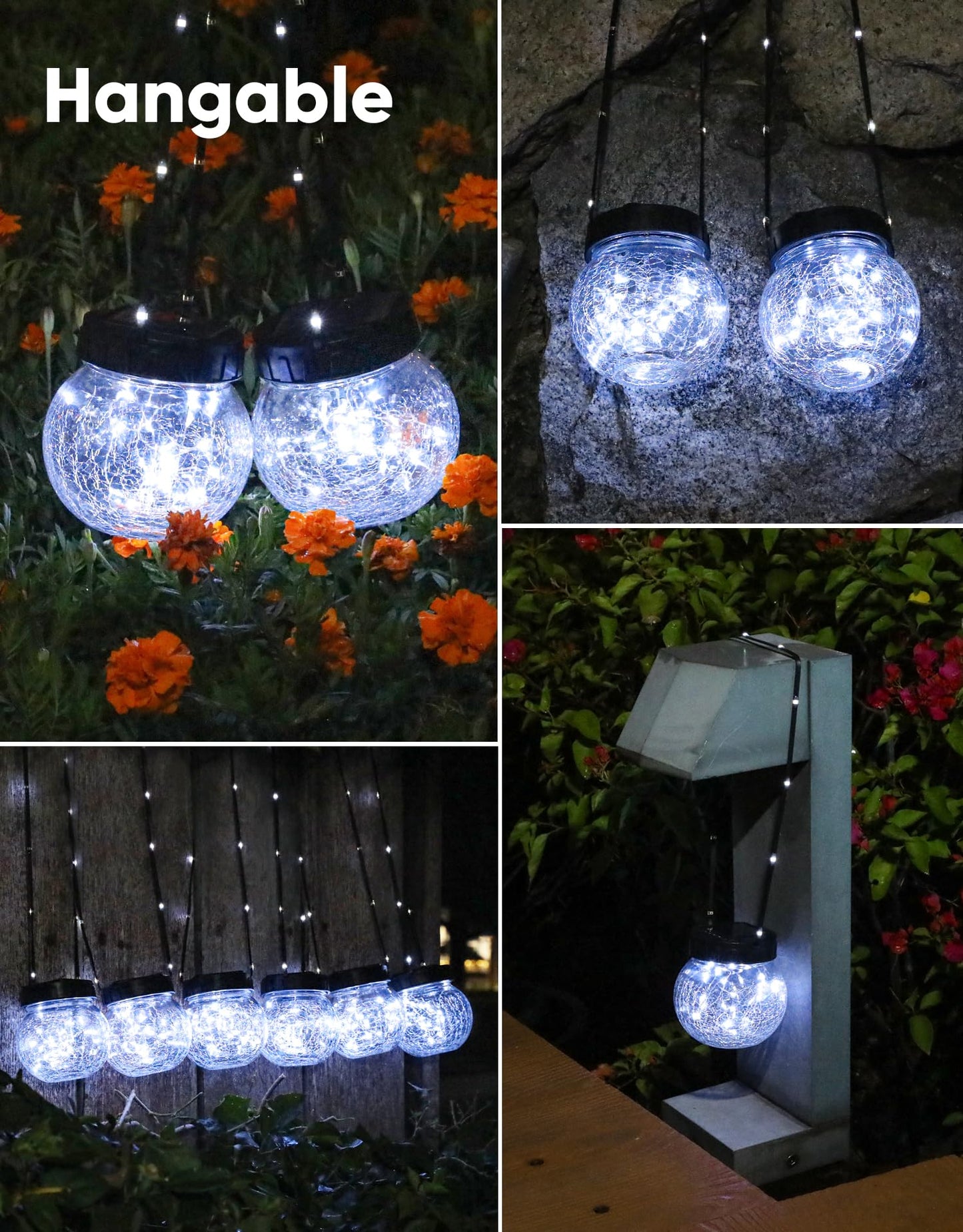 PARTPHONER Solar Lights Outdoor Waterproof 12-Pack, Solar Powered Hanging Lantern Cracked Glass Hanging Globes for Yard Decor Christmas Decoration, Shepherd Hook, Garden Tree Ornaments, Cold White