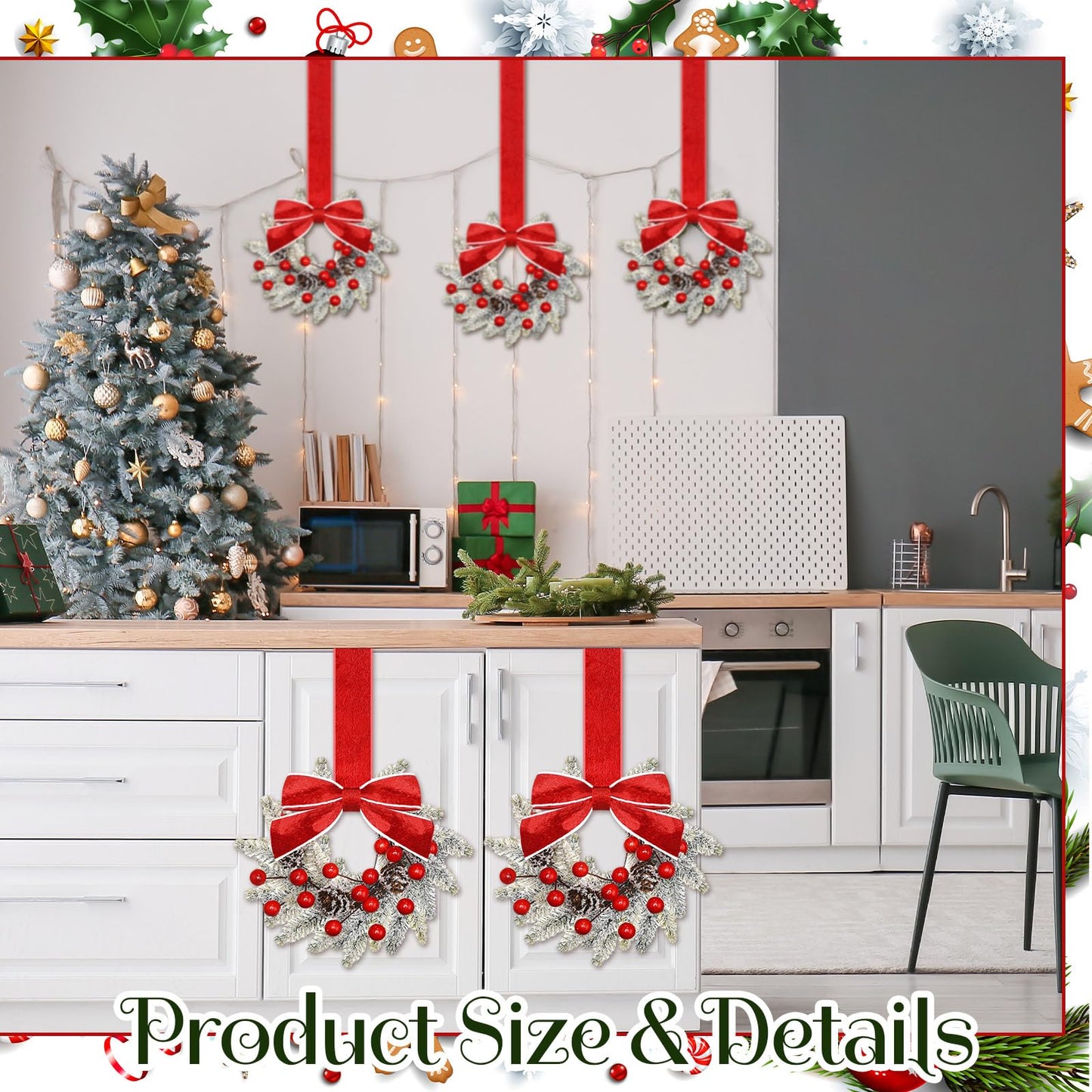 Dingion 6 Pcs 6 Inch Christmas Mini Cabinet Wreaths for Kitchen with Ribbon Bows Red Berry Small Winter Window Wreath Garland for Door Window Farmhouse Christmas Party Decorations