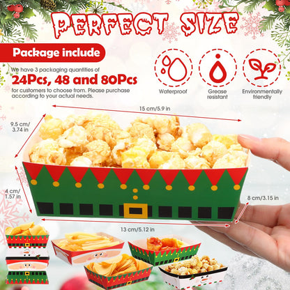Dunzoom 48 Pcs Christmas Paper Food Trays Plates Disposable Christmas Movie Snack Trays Santa Elf Snowman Red Green Plates Nacho Hot Dog Serving Boat for Xmas Party Supplies Decoration (Style 1)