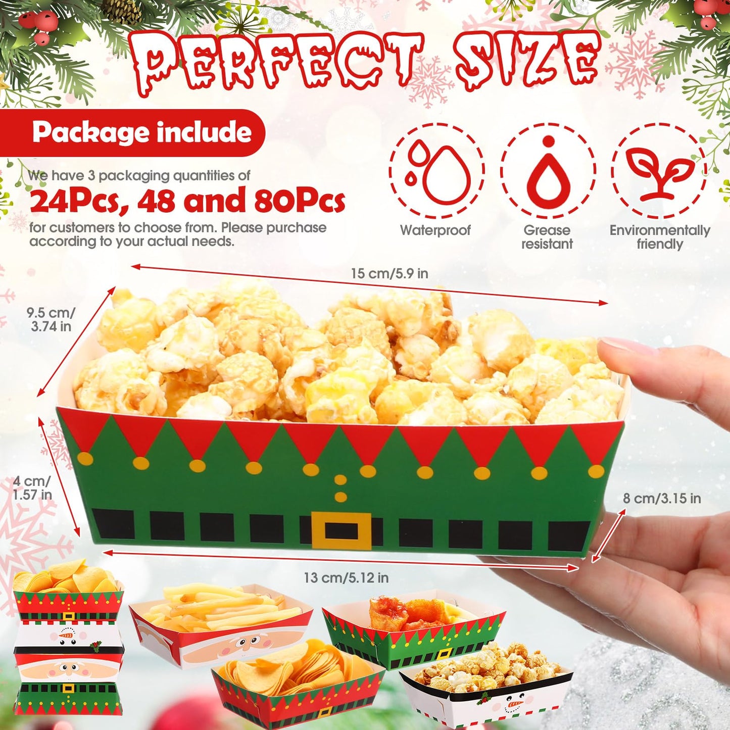 Dunzoom 48 Pcs Christmas Paper Food Trays Plates Disposable Christmas Movie Snack Trays Santa Elf Snowman Red Green Plates Nacho Hot Dog Serving Boat for Xmas Party Supplies Decoration (Style 1)