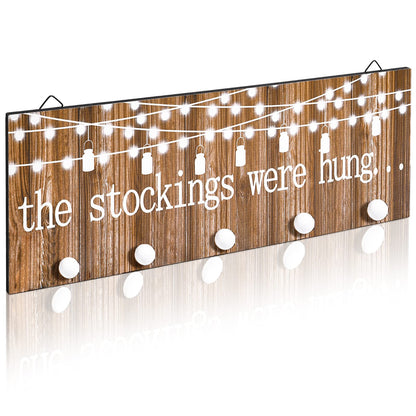 Blulu Christmas Stocking Holders with 5 Hooks Wood Christmas Stocking Hangers for Wall The Stockings were Hung Wooden Sign Xmas Wall Mount Hose Hooks Rack for Mantle Fireplace Decoration