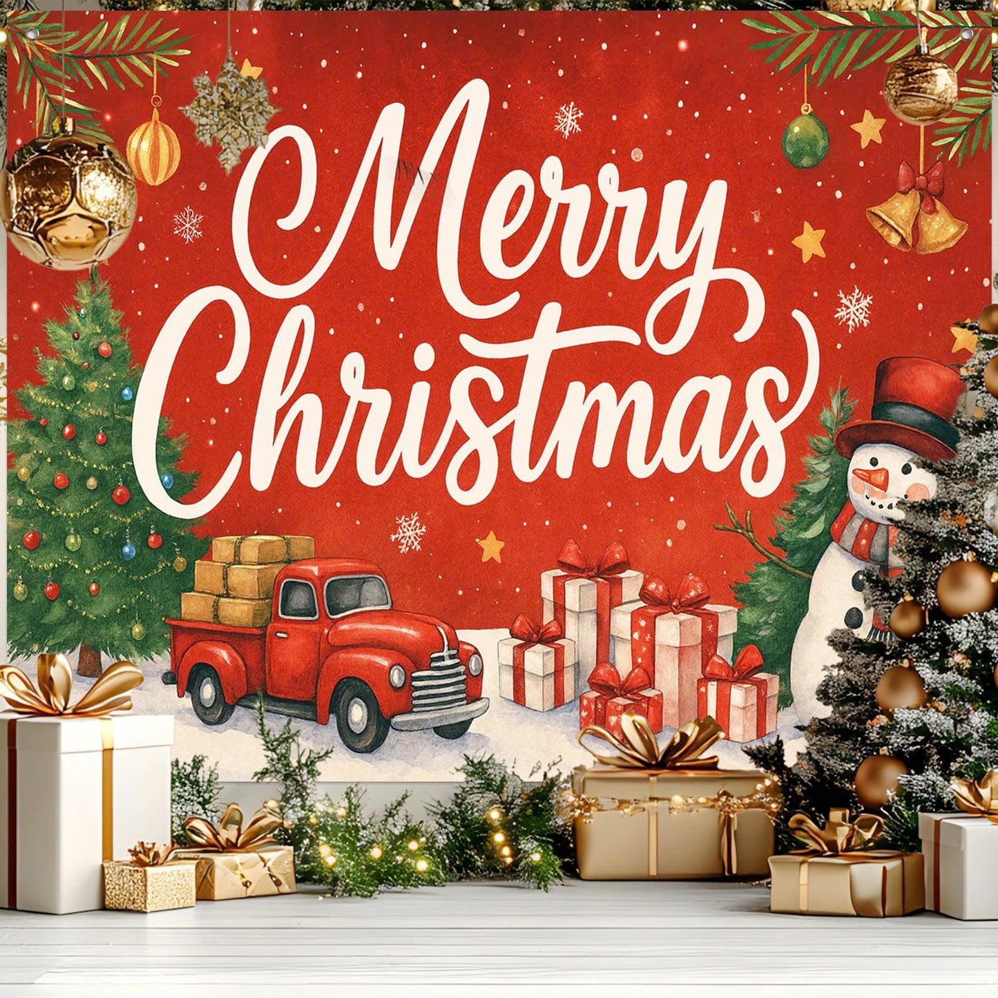 HOMETITUTE Red Truck Christmas Backdrop 8×6ft Snowman Gift Tree Holiday Party Banner for Family Photography Winter Decoration Background