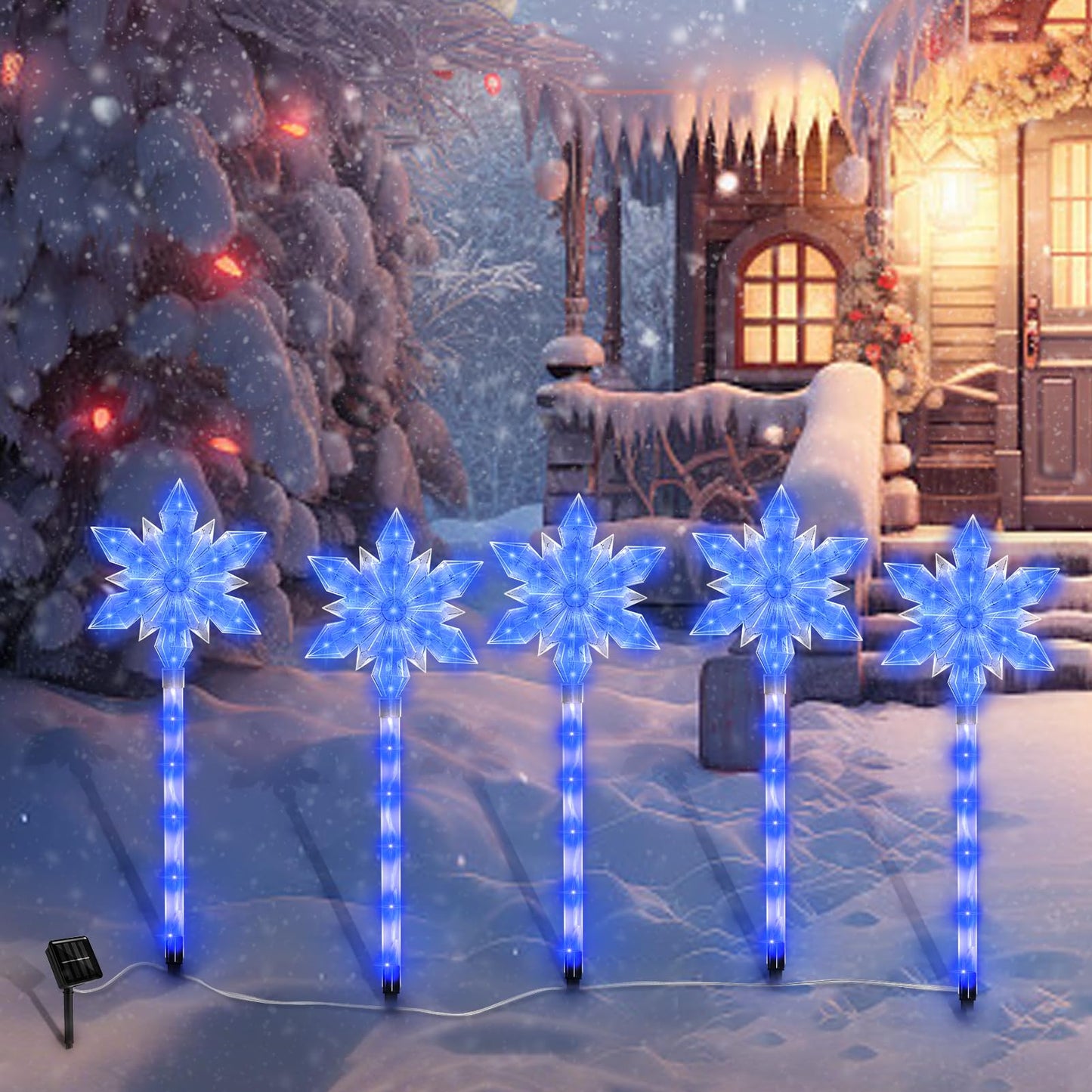 VOGVOG Snowflake Solar Christmas Pathway Lights, Set of 5 LED Outdoor Stake Lights, Waterproof Christmas Decorations for Garden, Yard, Lawn, Walkway, Patio Decor (Bule, 5pcs)
