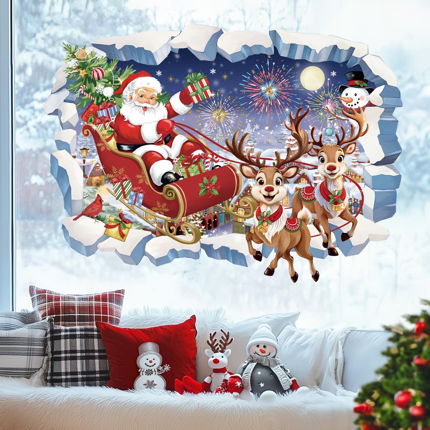 wondever 3D Christmas Wall Stickers Santa Claus and Reindeer Snowman Christmas Window Wall Art Decals for Party Window Xmas Home Party