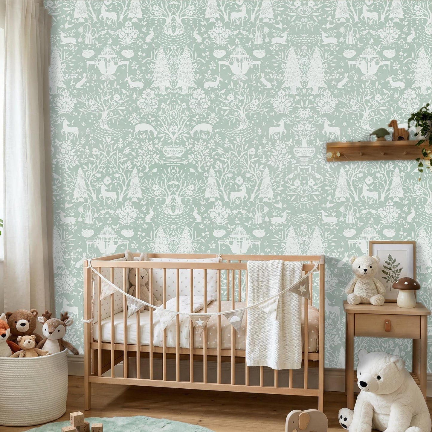 WENMER Forest Animal Wallpaper, 17.7" x 590" Green and White Contact Paper, Woodland Peel and Stick Wallpaper with Deer Rabbit Fox, Self Adhesive Removable Wall Paper for Living Room Bedroom Nursery
