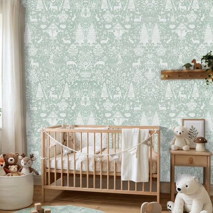 WENMER Forest Animal Wallpaper, 17.7" x 590" Green and White Contact Paper, Woodland Peel and Stick Wallpaper with Deer Rabbit Fox, Self Adhesive Removable Wall Paper for Living Room Bedroom Nursery