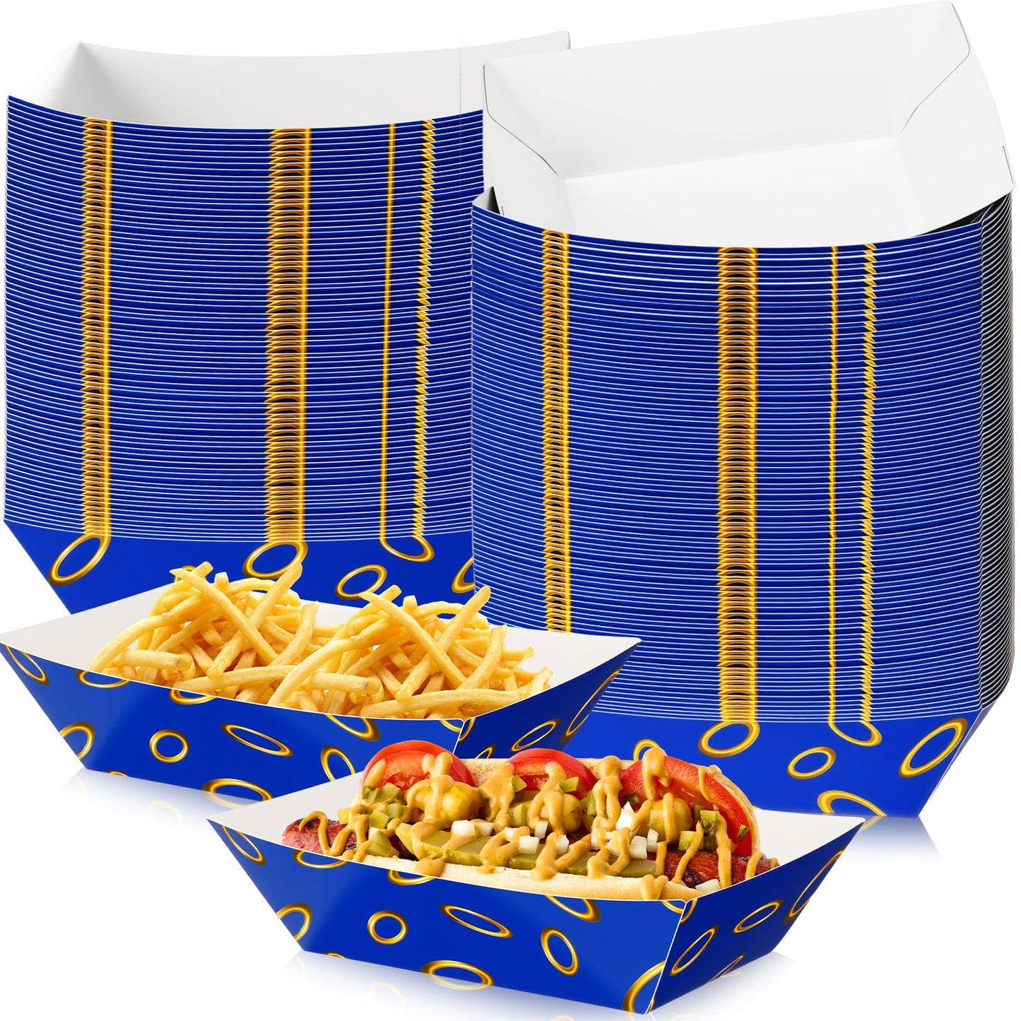 Baderke 100 Pcs Video Game Party Favors Paper Food Trays Boat 2lb Blue with Gold Ring Print Themed Disposable Nacho Trays Video Game Kraft Paper Boat for Christmas Tacos Concession for Birthday Party
