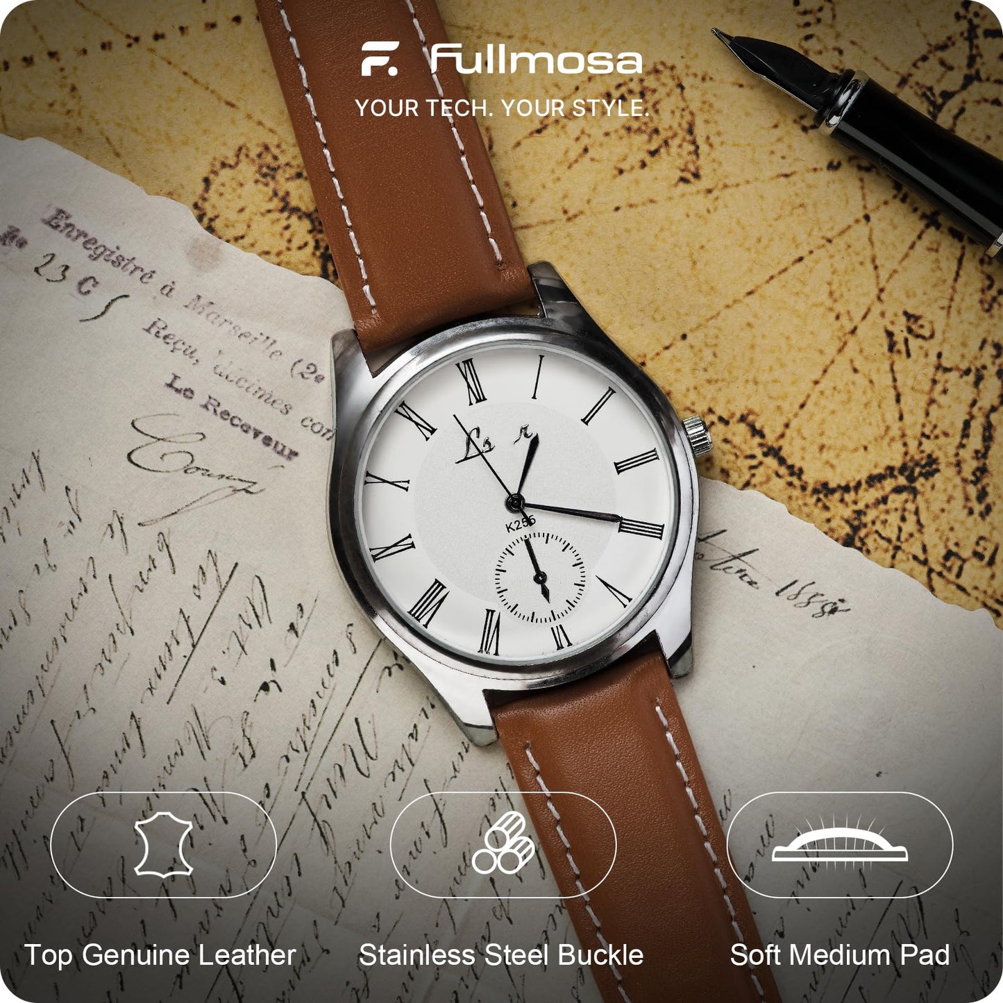 12 Colors for Quick Release Leather Watch Band, Fullmosa Axus Genuine Leather Watch Strap,Brown,22mm
