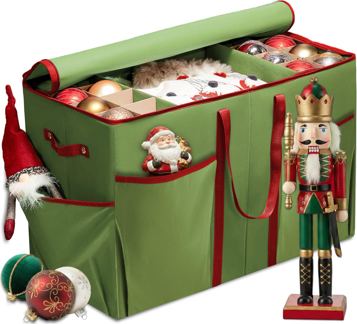 ZOBER Large Christmas Ornament Storage Box - Stores 80 3" Ornaments, With Dividers - With Large Compartment for Figurines, and Accessories, Durable Christmas Containers Holder, 4 Extra Pockets - Green
