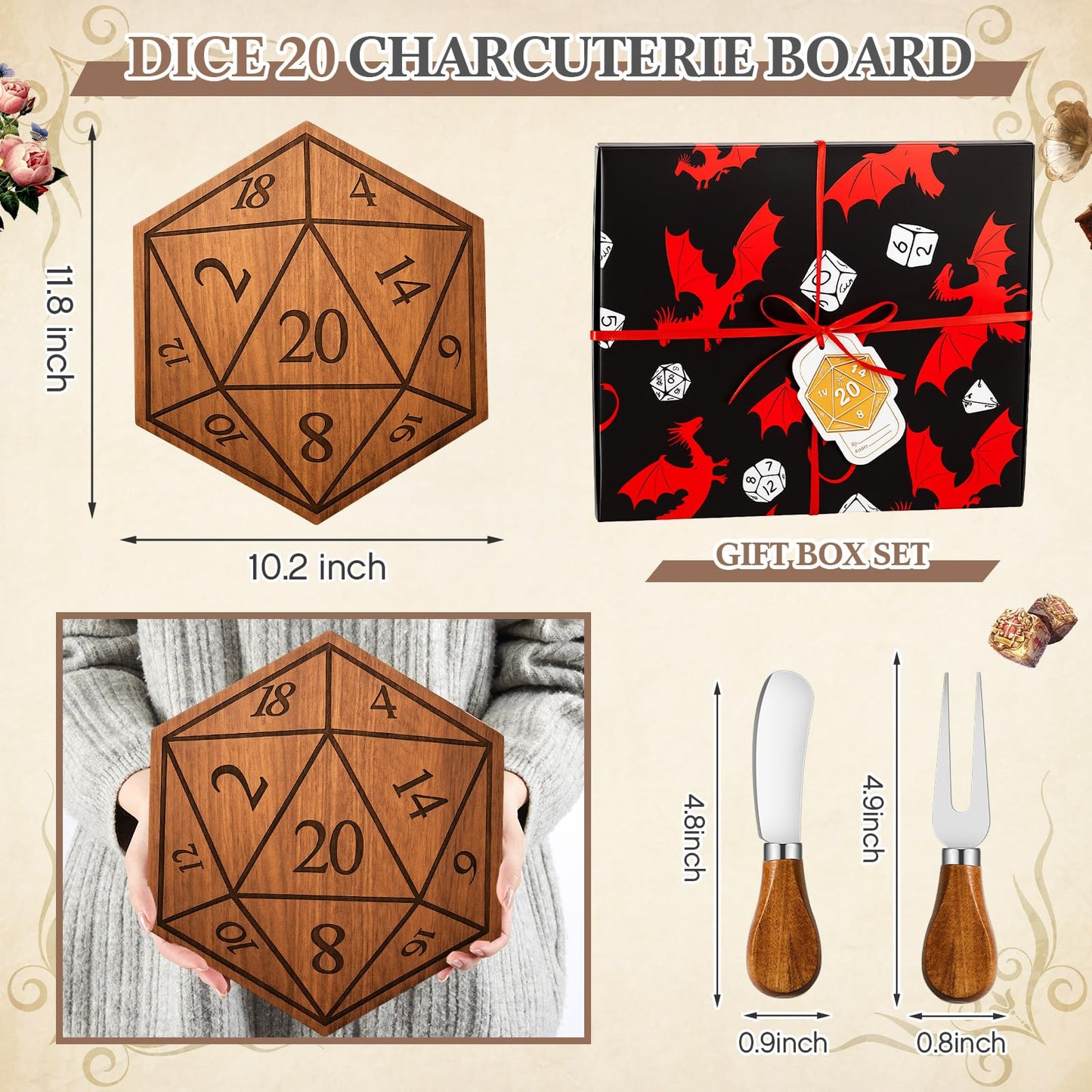 Ziliny D20 Shaped Charcuterie Board Set Cutting and Cheese Board Wooden Platter with Knives and Forks Serving Trays Gift for Christmas Kitchen Food Fruit(Acacia)