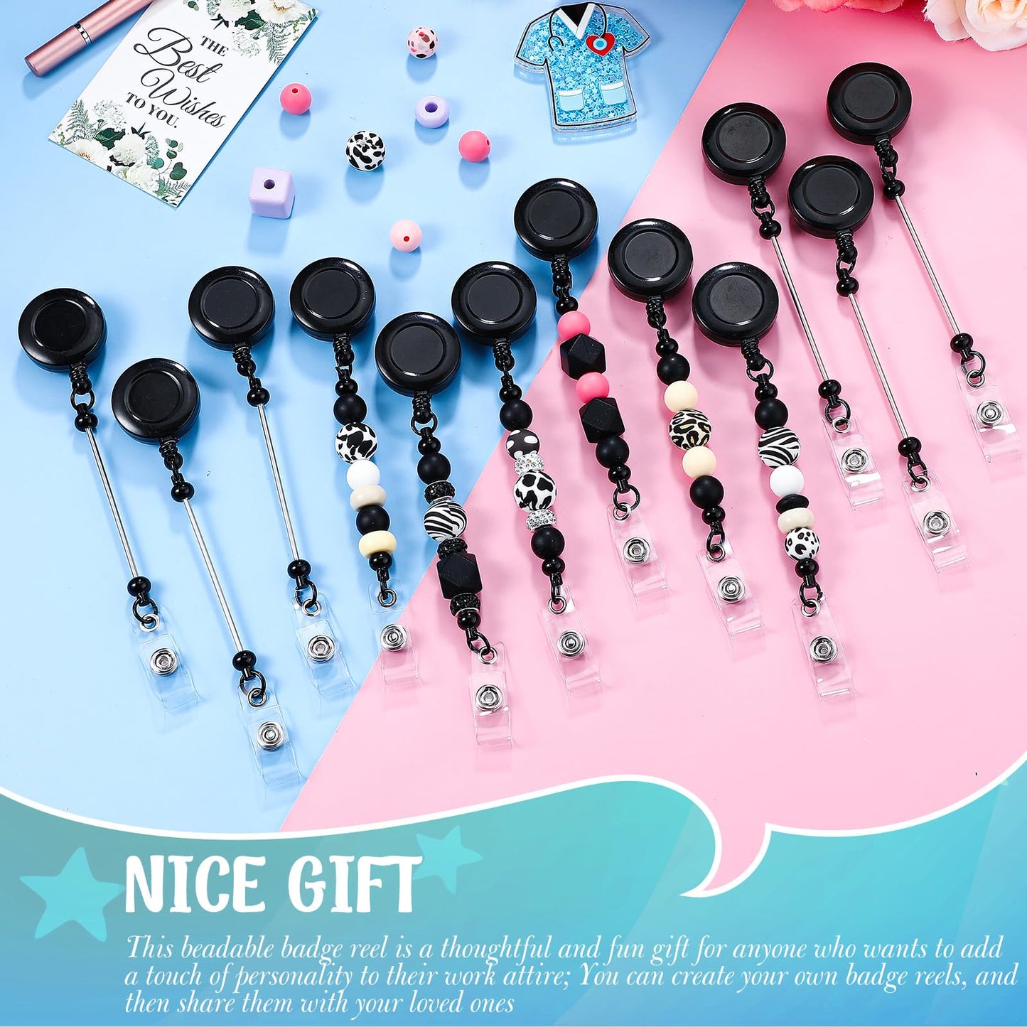 Sayglossy 24 Pcs Beadable Badge Reel Retractable Clips Holder for Beads Bulk Blank Bar ID Name Badge Reels with Belt Clip Beadable Jewelry DIY Gift for Nurse Teacher Office Supplies (Black)