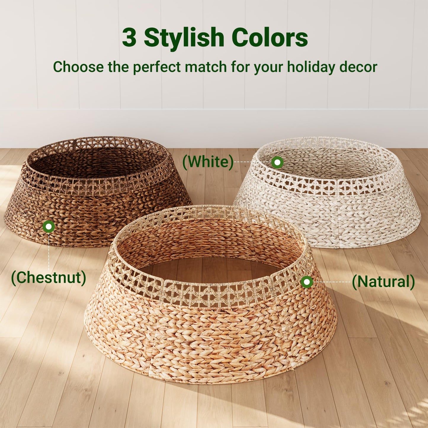 ELYKEN 33 Inch Woven Rattan Christmas Tree Collar, Stylish Seagrass & Water Hyacinth Xmas Tree Skirt for Artificial Trees, Wicker Tree Base Cover with Cord Cut-Out Farmhouse Tree Ring for Home Decor